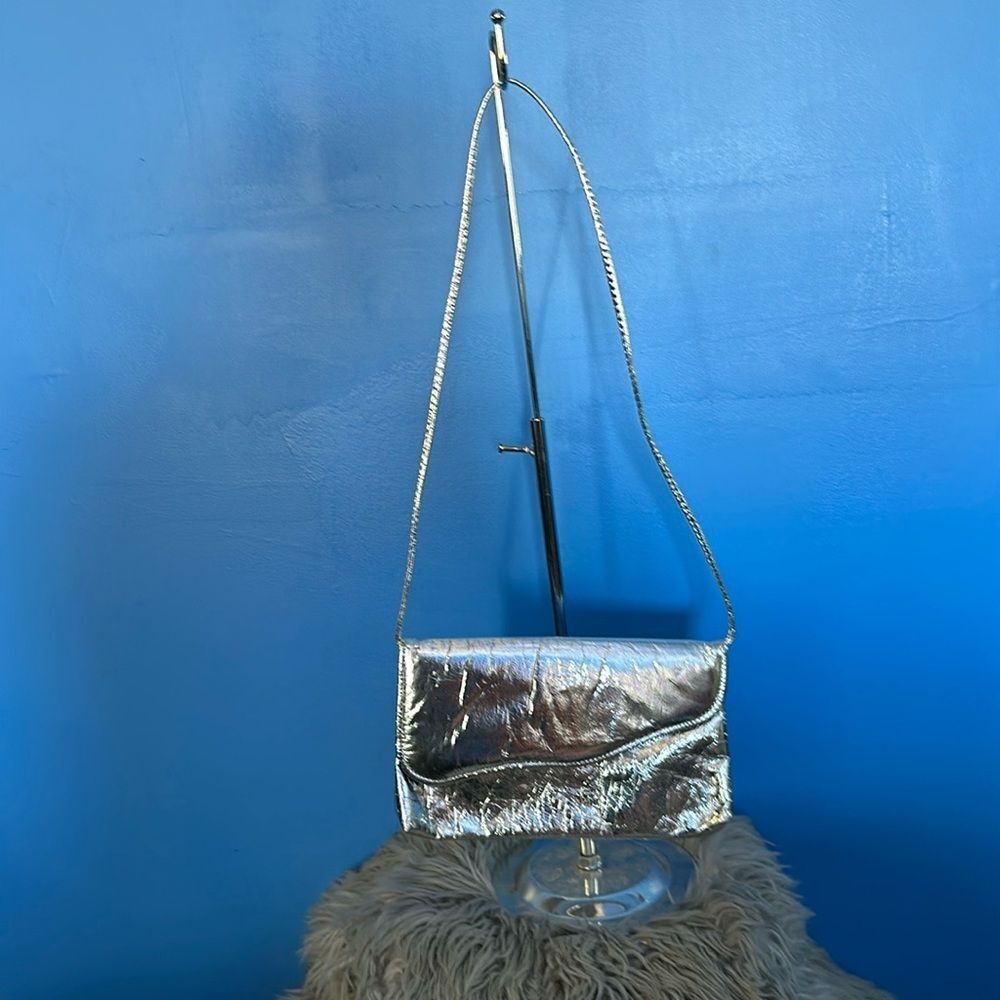 Women's Vintage Silver Foil Evening Purse Drop Handle Metallic Clutch Handbag